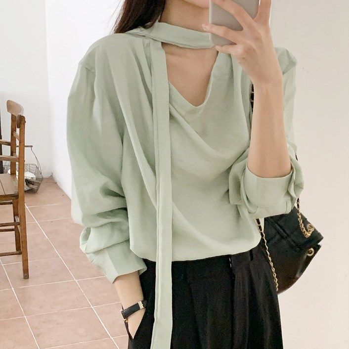 SML사이즈여성 클래식 스카프 타이 블라우스 셔링블라우스 출근룩 데이트룩 오피스룩 쉬폰 빅사이즈