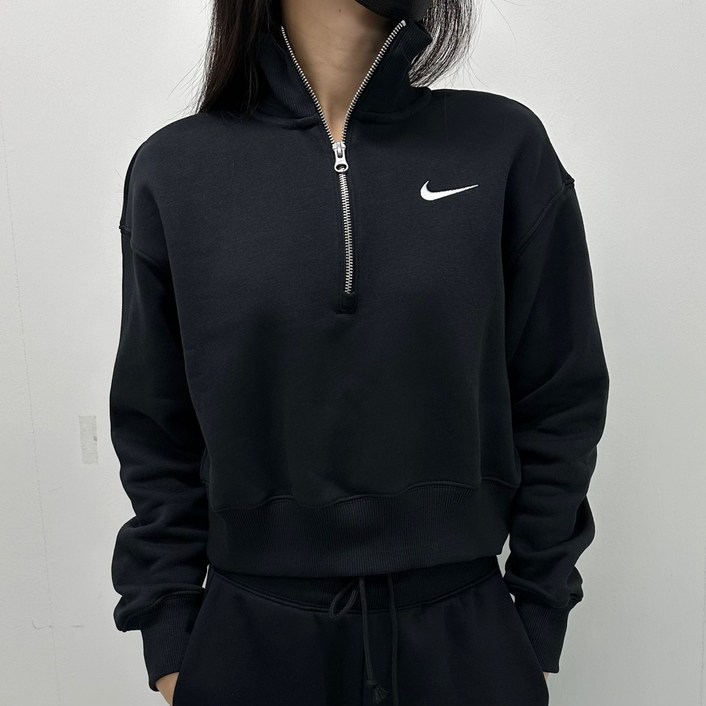 나이키 NSW 여성 맨투맨 크롭 오버핏 플리스 하프 집업 긴팔 스웨트 셔츠 블랙