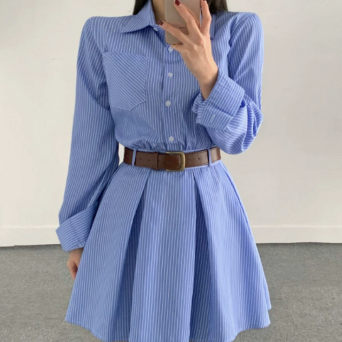 초가을 신상 청량한 스트라이프 미니 셔츠 원피스 A라인 플레어 숏 셔츠 원피스 B687