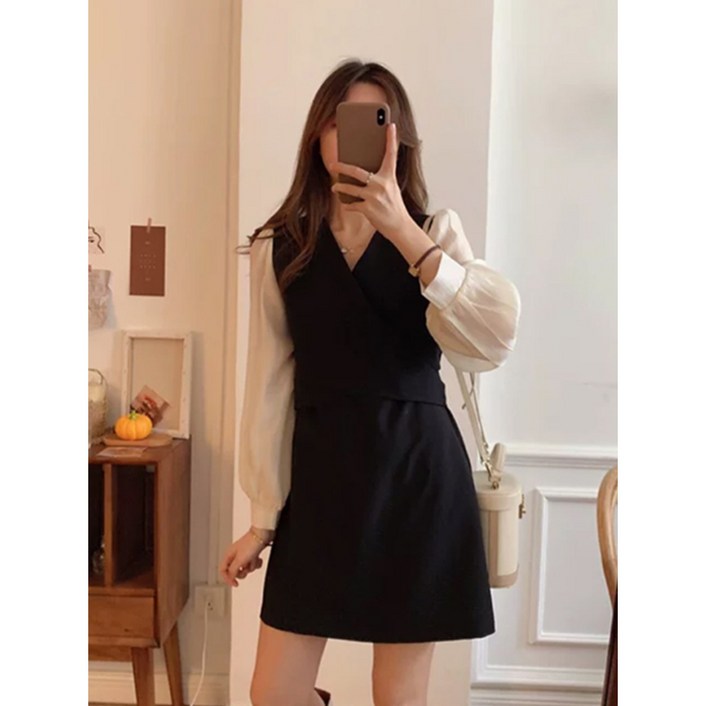아롬블룸 뷔스티에 레이어드 퍼프소매 미니 원피스