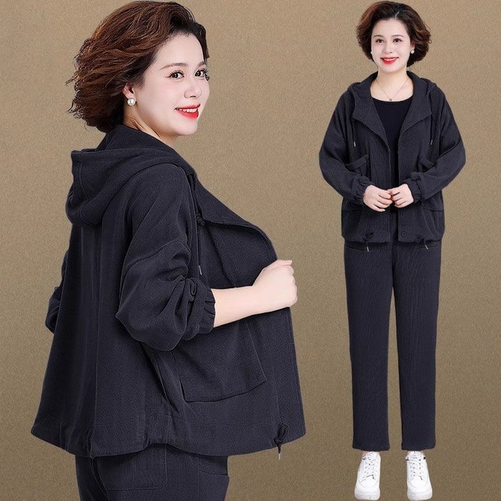 봄 가을 중년 여성 캐주얼 세트 패션 긴팔 후드 상의 아우터 + 하이웨이스트 슬림핏 바지 상하의 투피스 기질 엄마복 SYM