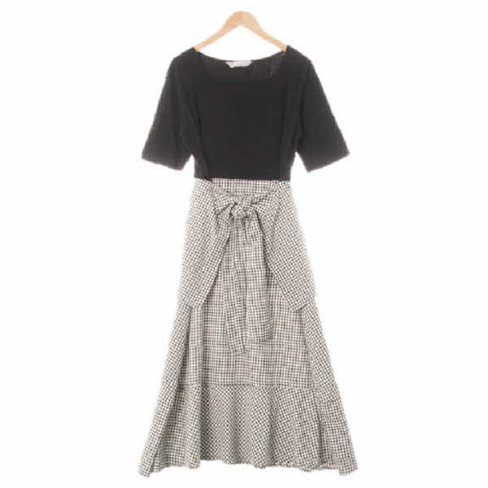 3354 에잇세컨즈 블랙화이트 클래식체크 면혼방 스퀘어넥반소매캉캉맥시원피스 [M]