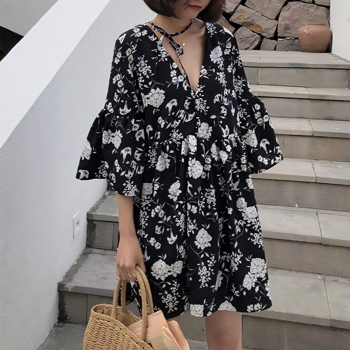 예쁨시전 만삭가능 바캉스룩 플로럴 프린팅 쉬폰 반팔 하프 원피스
