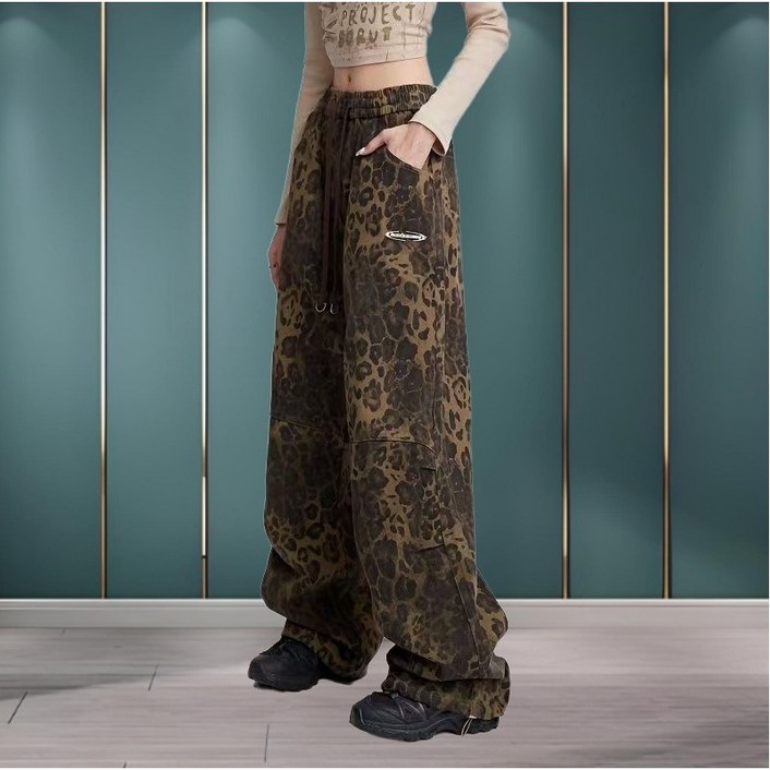 여성 캐주얼 와이드핏 레오파드 스트랩 밴딩 긴바지