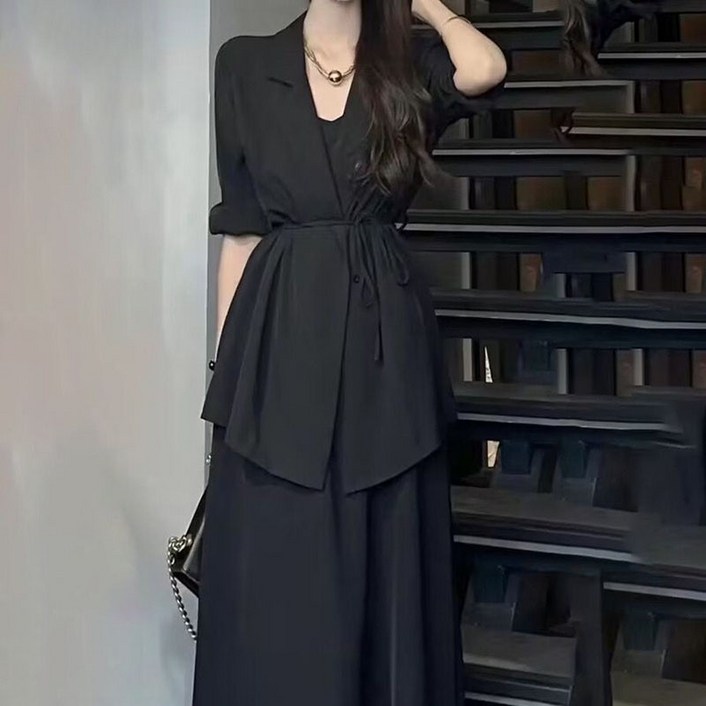 데일리 여성 정장 세트 빅사이즈 허리 조임 자켓 + 롱 원피스 세트 봄 여름 여자 오피스룩 투피스 세트 YSQ