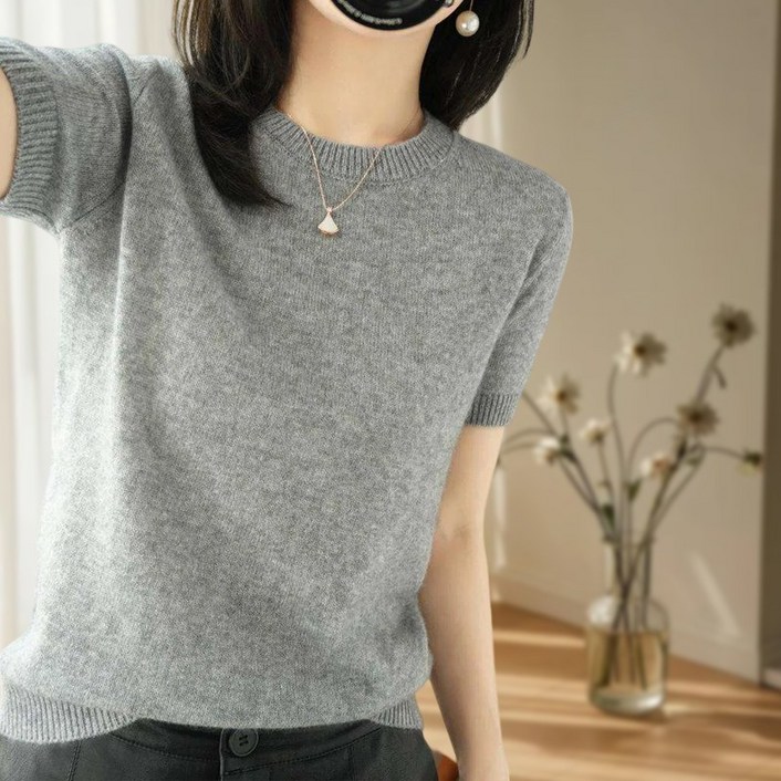 여성용 쇼트 라운드 루즈핏 니트 반팔 티셔츠