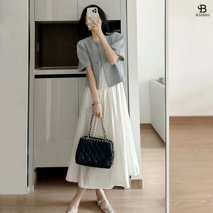 BIKASU 여성 캐주얼 반팔 자켓 +민소매 롱원피스 하객룩 오피스룩 슈트