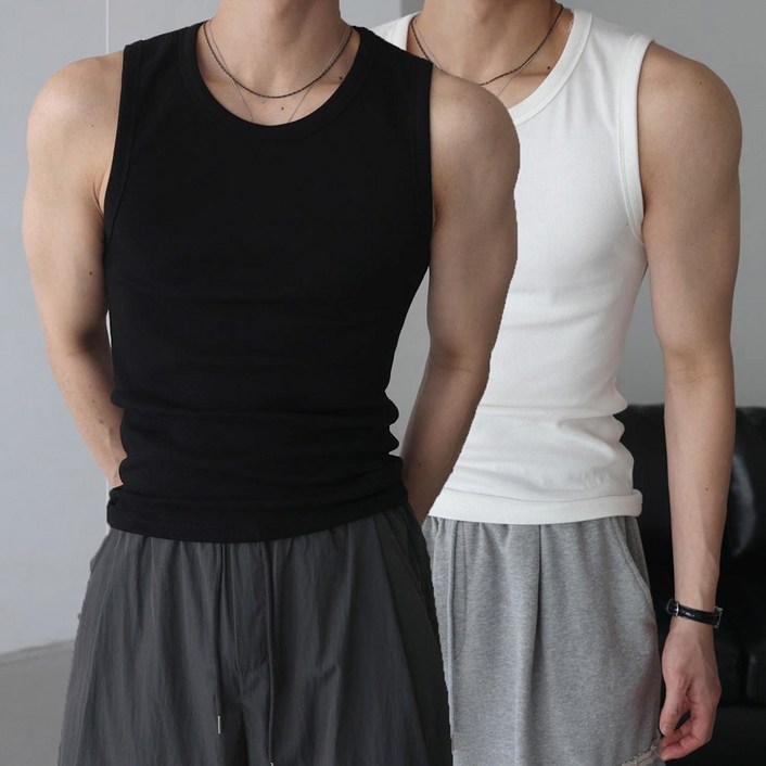 베이직바이블 11남자 골지 나시 민소매 고탄력 스판 머슬핏 짐웨어 탄탄한 티셔츠