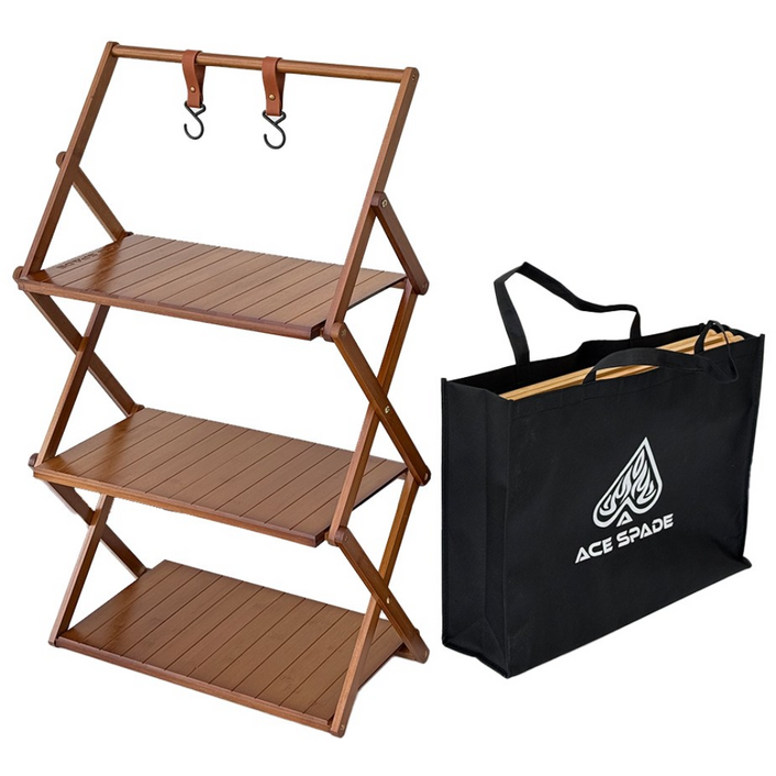 에이스스페이드 캠핑 3단 폴딩 우드릭 쉘프 선반  레더후크 2P수납가방, 다크우드
