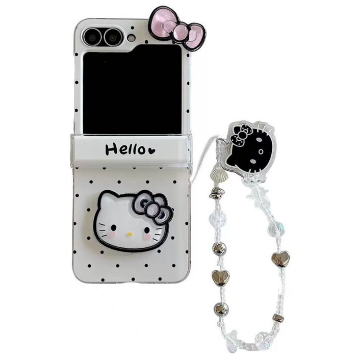 갤럭시 Z플립7 6 5 4 3리본 고양이 피규어 힌지보호 핸드 스트랩 케이스 D385