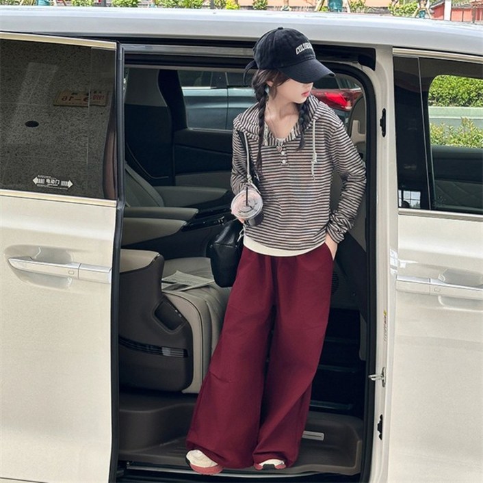 비비키드 신상 초등생 스트라이프 후드 페이크 레이어드 긴팔 상의 초중생 하의 긴바지 주니어 세트 여아 봄 가을 초등생 상의하의 77715