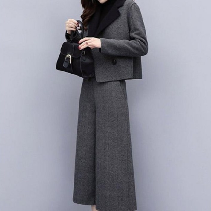 ANYOU 여성 직장인 가을 겨울 투피스 캐주얼 하객룩 상하세트 모직 코트 +와이드 팬츠