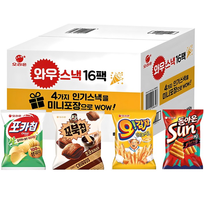 오리온 와우스낵 과자 선물세트, 포카칩4p 꼬북칩4p 오감자4p 돌아온 썬칩4p, 1세트 오리온 와우스낵 과자 선물세트, 포카칩4p 꼬북칩4p 오감자4p 돌아온 썬칩4p, 1세트