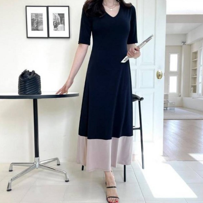 세이스타일 여성용 차랑 밑단 배색 A라인 롱 원피스