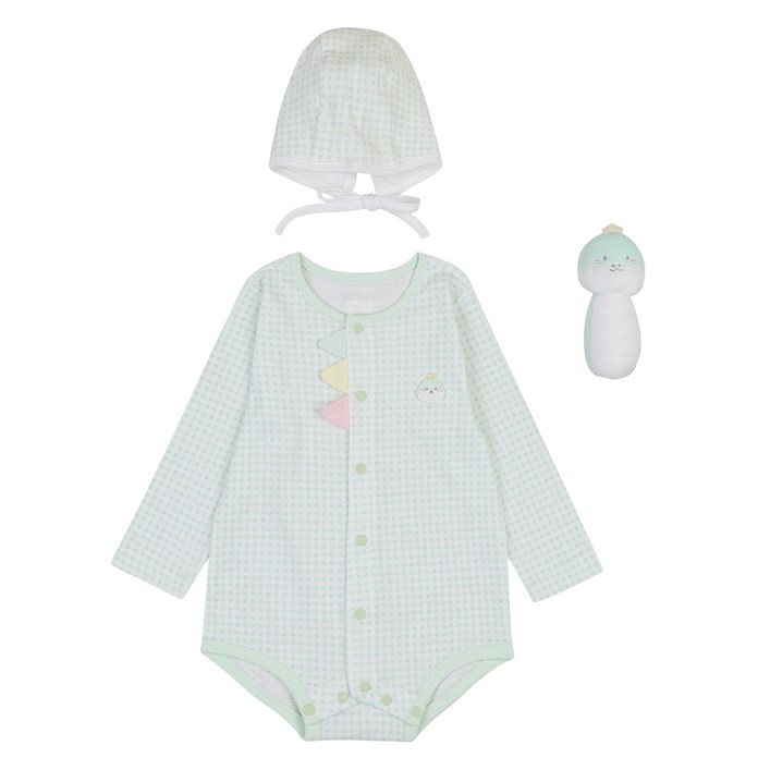 압소바 유아용 푸롱이 긴팔 바디수트  모자  딸랑이 세트