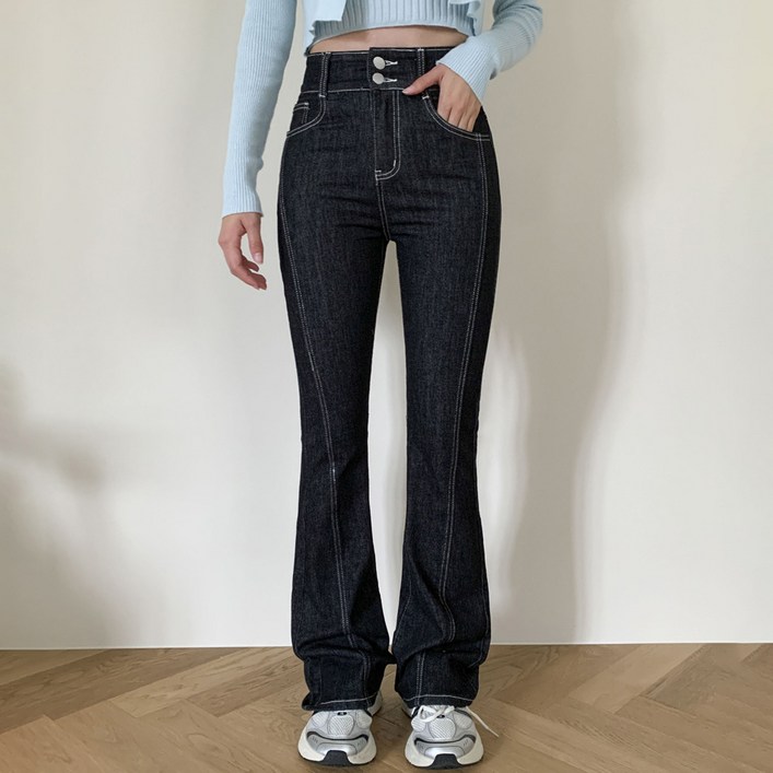 토마토팩토리 여성용 마이트 투버튼 부츠컷 스판 생지 데님 팬츠 롱