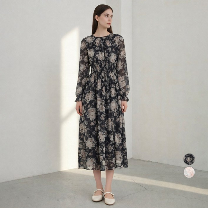 에이비에프지 여성용 플라워 스모킹 쉬폰 원피스 AFY1HO38