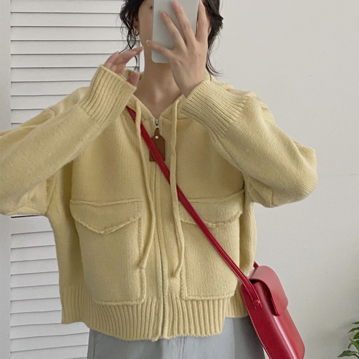 세컨핑크 여성용 더블 포켓 니트 후드 집업 W2507