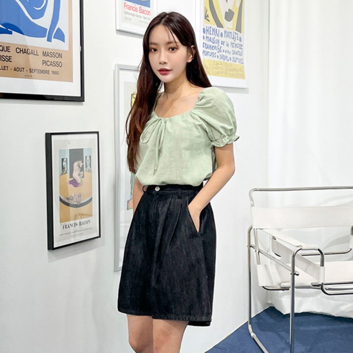 토마토팩토리 여성용 드가 핀턱 루즈핏 생지 5부 반바지 하프팬츠