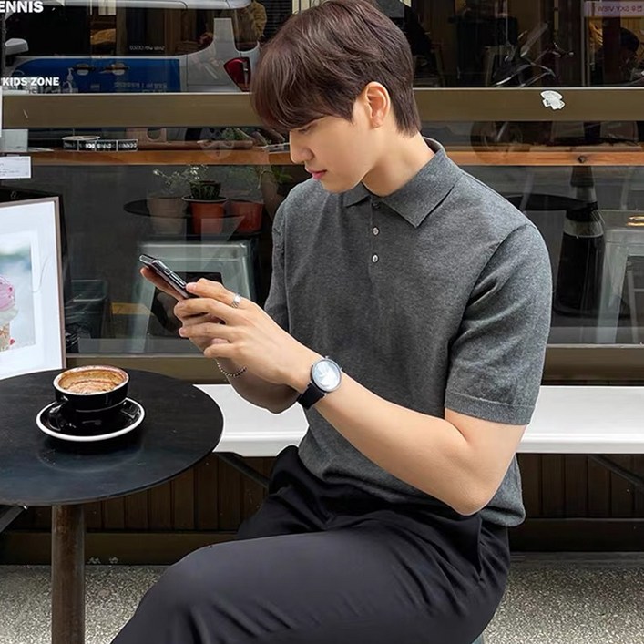 엘쏘 남성용 하프 단추 반팔 니트 카라 티셔츠