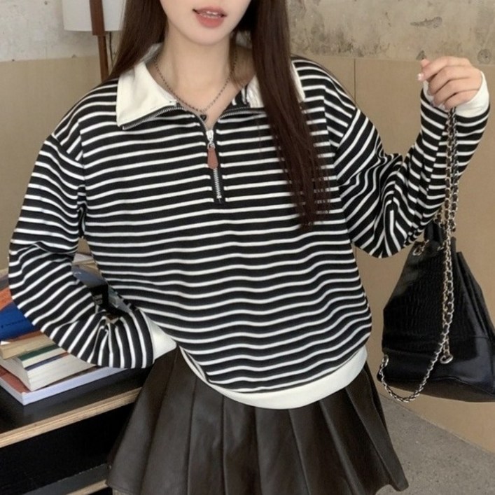 아이엠몽 여성용 에이몽 스트라이프 반집업 긴팔 맨투맨