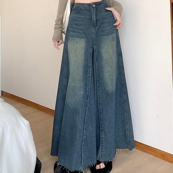 아이엠몽 여성용 베이직핏 데님 A라인 와이드 트임 롱 스커트 R6S006