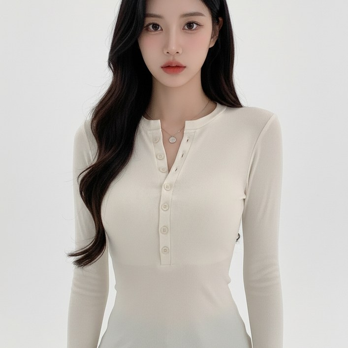 마켓피아 여성용 골지 버튼 슬림핏 긴팔 티셔츠