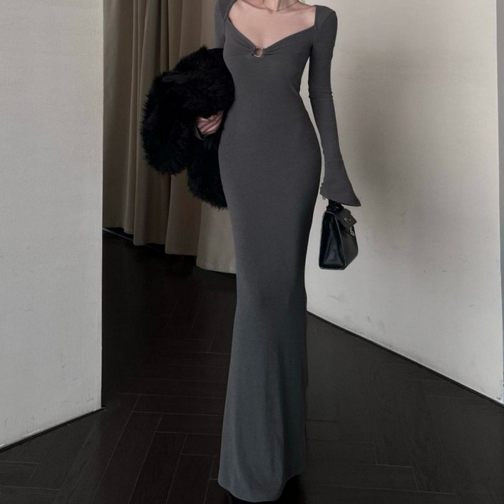 아이엠몽 여성용 슬림핏 스퀘어넥 링 H라인 머메이드 롱 원피스 R6S161