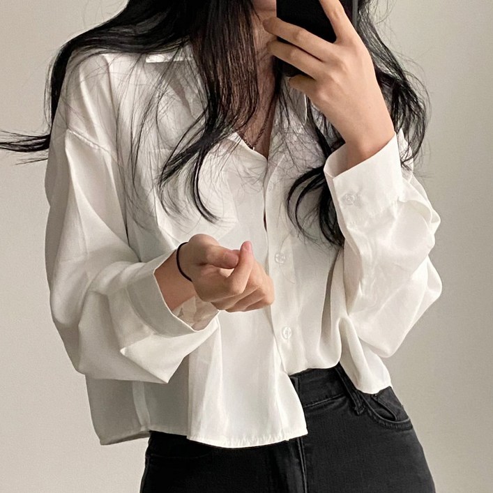 아이엠몽 여성용 마토미 크롭 스타일 심플 무지 데일리 셔츠