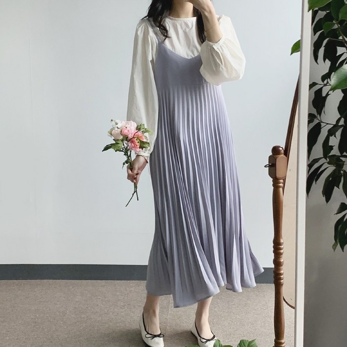 여리핏 데이지클로젯 위위 플리츠 브이넥 뷔스티에 나시 롱원피스  봄 여름 가을 간절기 민소매 A라인 플레어 레이어드 끈원피스 기본템 여성 여자 부드러운 오버핏 청순 데일리룩