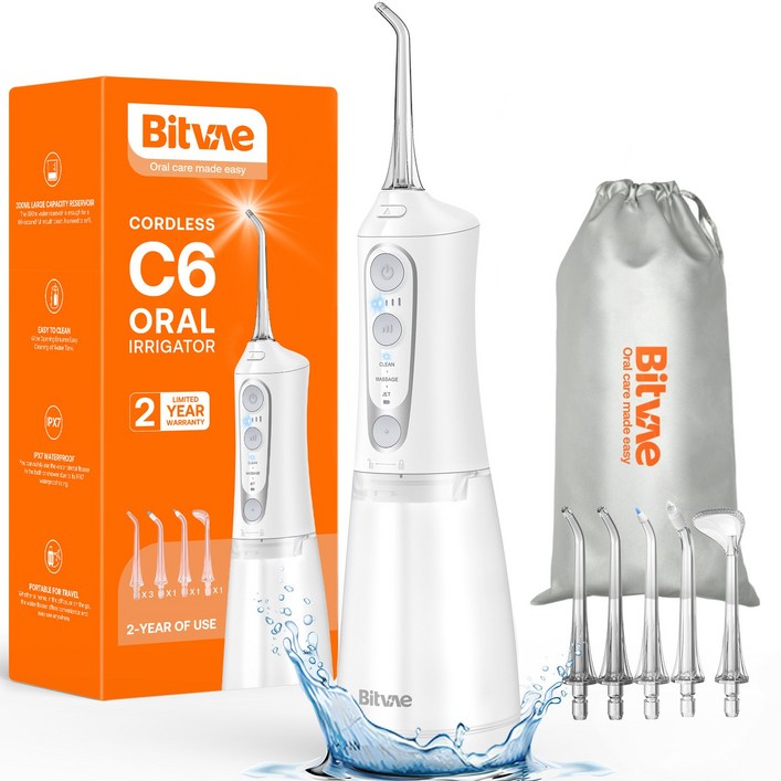 비트베이 C6 휴대용 무선 워터픽 구강세정기 치간세정기 물칫실 6개노즐팁 2년무상AS Amazon 인기상품, 화이트