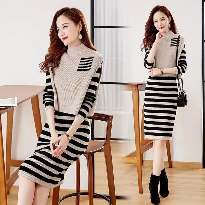 jieve 여성 가을 겨울 니트 원피스 세트 슬림핏 스트라이프 하프넥 스타일 디자인 SZ090219