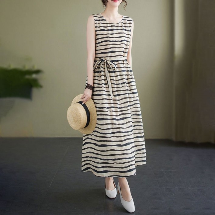 besteffie 여성용 여름 신상 줄무늬 슬리브리스 원피스 심플 스트라이프 디자인 레트로 스타일 롱원피스 K37