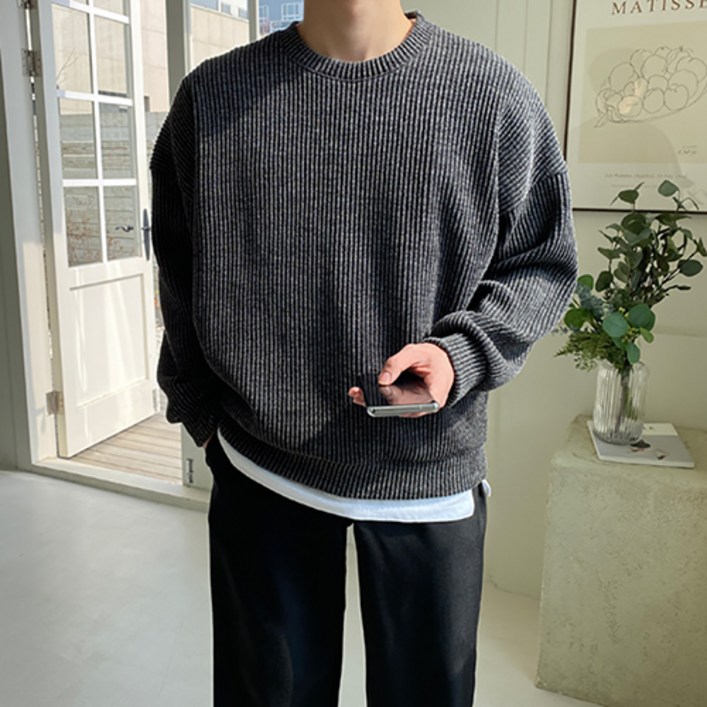 (1+1)제인드 라운드 맨투맨 남자 세미 오버핏 스웨터 긴팔 이너 니트 티셔츠 봄 가을 겨울 옷 코디 - 투데이밈