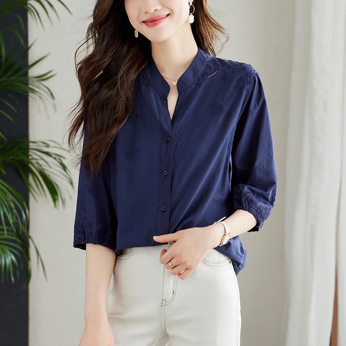 PETITBATH여성 자수 블라우스 퍼프 소매 심플 데일리 상의WZS60301