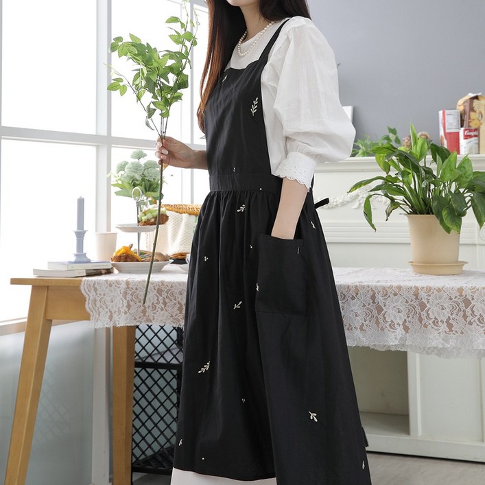 꽃자수앞치마 플로리스트꽃집 어린이집교사 코튼 방수프릴앞치마, 블 랙  나뭇잎, 1개