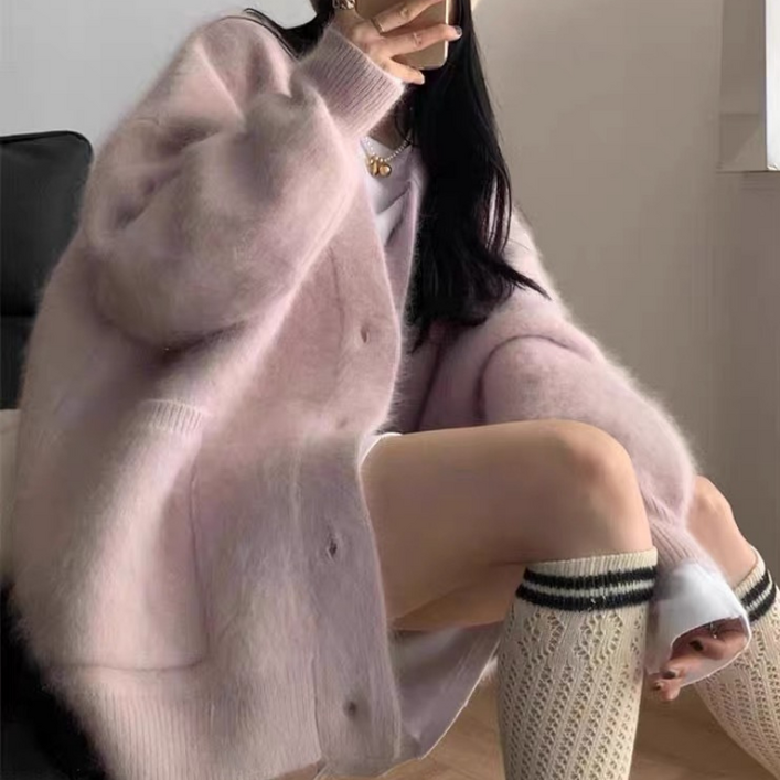 SUNALIFE 여성 벨벳터치 포근 니트 가디건 루즈핏 힙커버