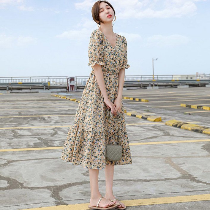 ORZQU 여름 여성 브이넥 플라워 쉬폰 롱스커트 루즈핏 허리 조임 분위기 원피스