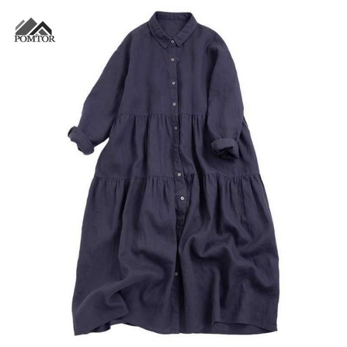 POMTOR 여성용 내추럴 스타일 린넨 원피스 아홉부 소매 루즈핏 편안한 디자인