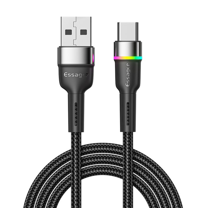 Essager USB C 케이블 3A 급속 충전 케이블LED, 1, 2m, 블랙 - 쇼핑앤샵
