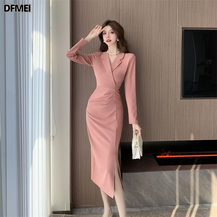 비비에모 프렌치 카라 슬림핏 트임 원피스 06327