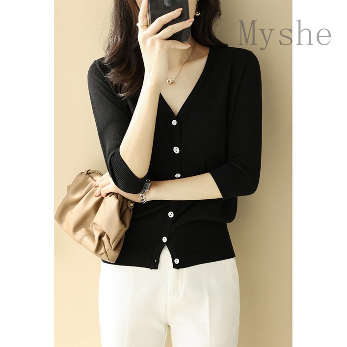 [Myshe]여름 니트 가디건 여성 숏 반팔 가디건 fei630KS04