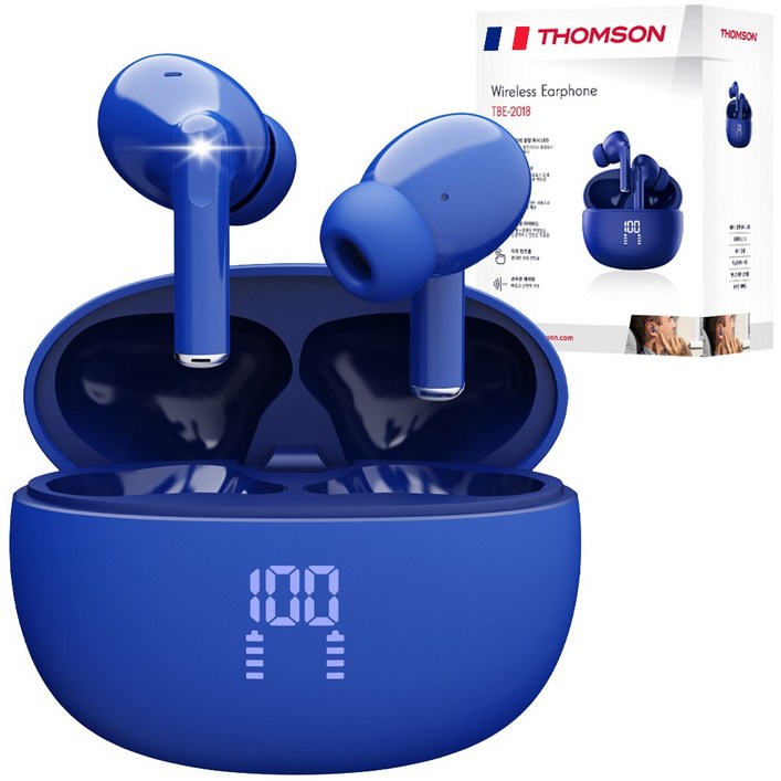 프랑스 톰슨 ENC 노이즈 캔슬링 LED 블루투스 6.0 이어폰 무선 방수, 블루 TBE201B