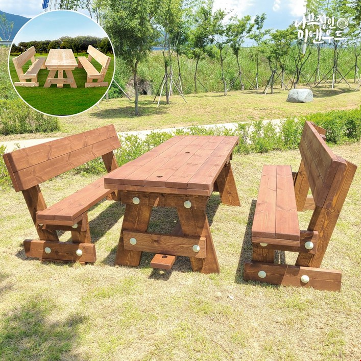 올리브가구 등받이 야외원목테이블 카페테이블 피크닉테이블 야외평상 바베큐그릴 파라솔 야외테이블세트, 등받이테이블 8인 월넛색(2회도색)