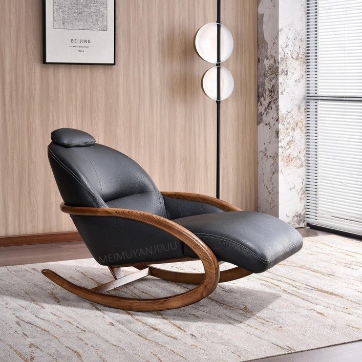 엔리프 원목흔들의자 가죽 라운지 릴렉스 인테리어 엔틱 소파 체어, 1개, 프리미엄 블랙