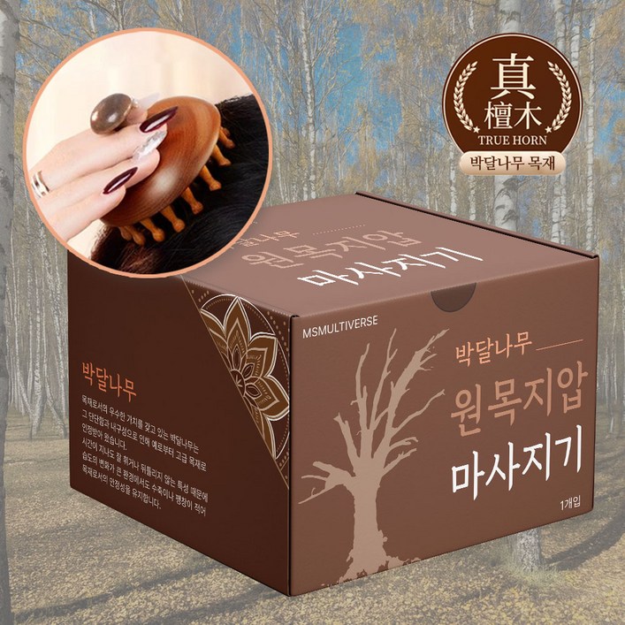 MSMULTIVERSE 박달나무 원목 머리꾹 두피 경락 마사지기 괄사 브러쉬 두피 머리 마사지 헤어케어 케이스, 쳔연박달나무, 1개