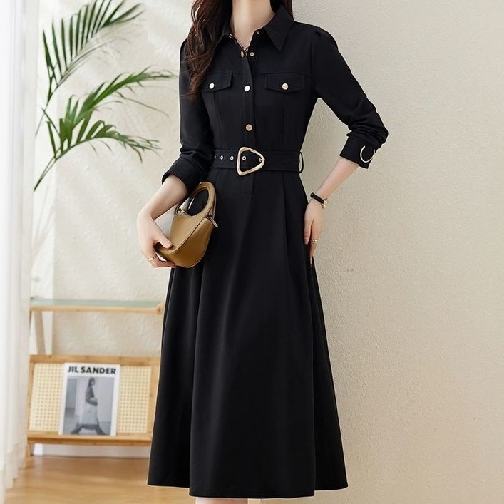 POMTOR 여성용 봄가을 긴팔 셔츠형 롱 원피스 슬림핏 데일리 드레스