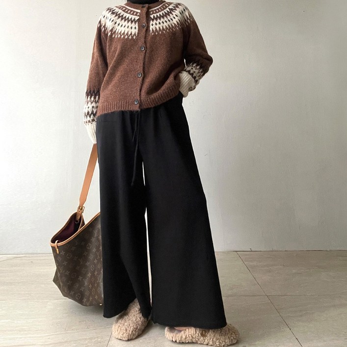 네모엔룩 보들와이드 여성용 허리밴딩 스트링 포켓장식 캐주얼 와이드핏 롱 니트 팬츠