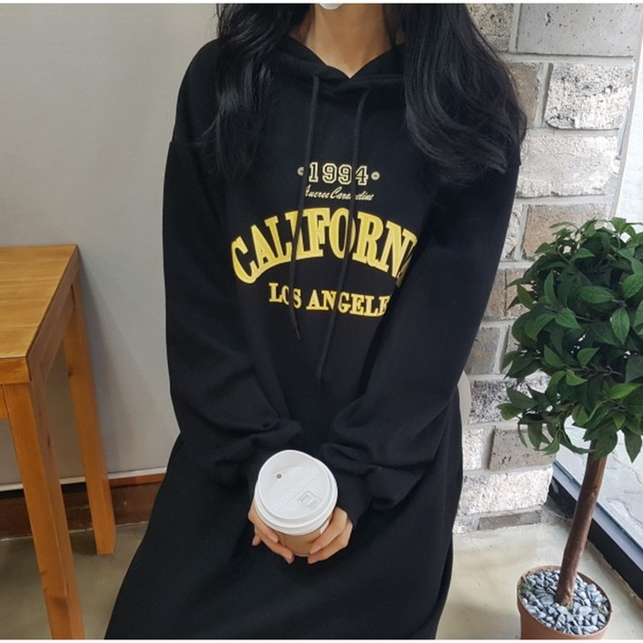 상상그이상 여성용 국내제작 데일리 마실룩 레터링 양트임 오버핏 후드 롱원피스 꾸안꾸룩 집순이룩