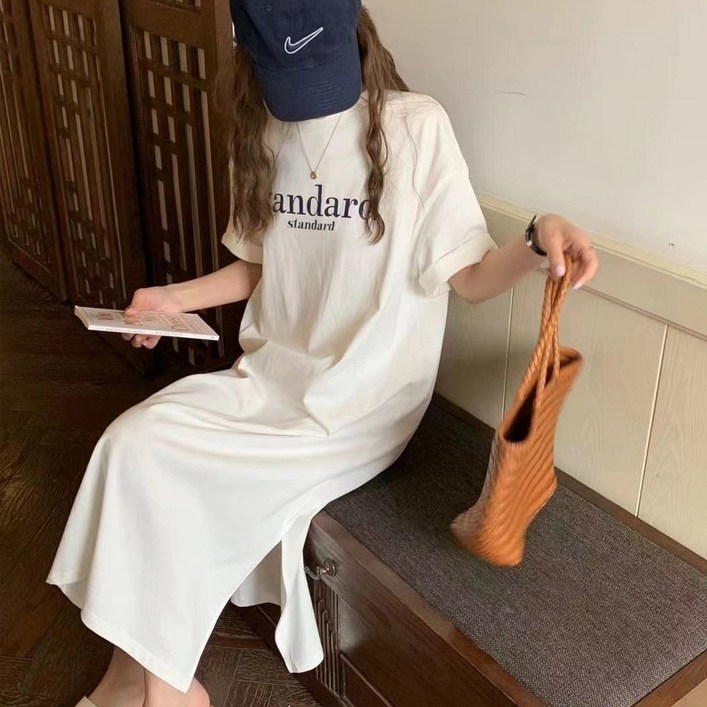 후암마켓 스탠다드 레터링 데일리 반팔 롱 원피스 루즈핏